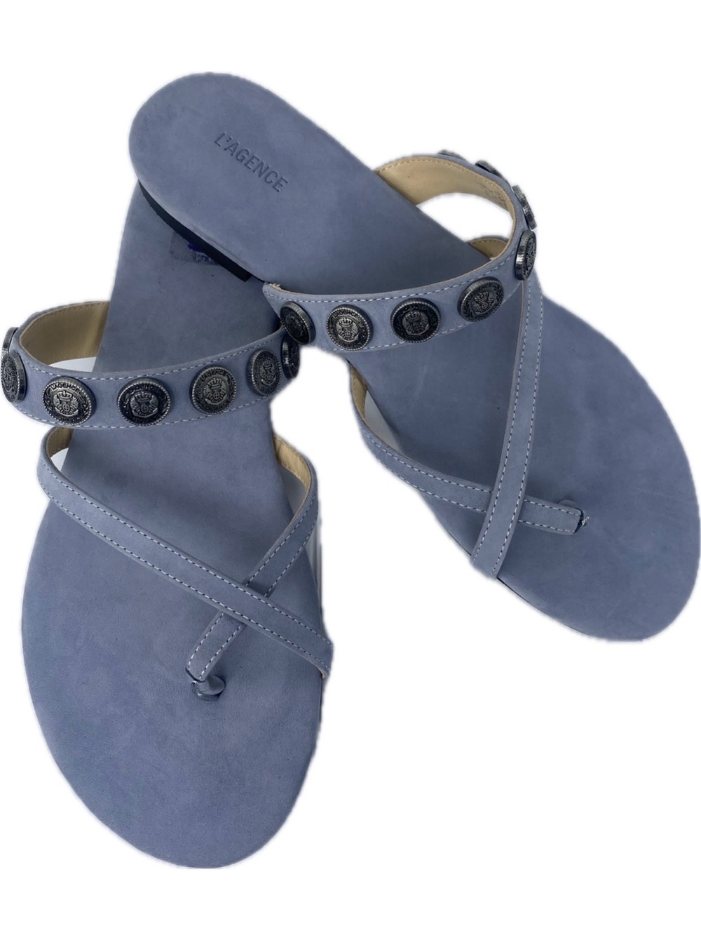 L'AGENCE NWOT Hanna Dusty Blue Purple Suede Stud-Accent Toe-Loop Sandals